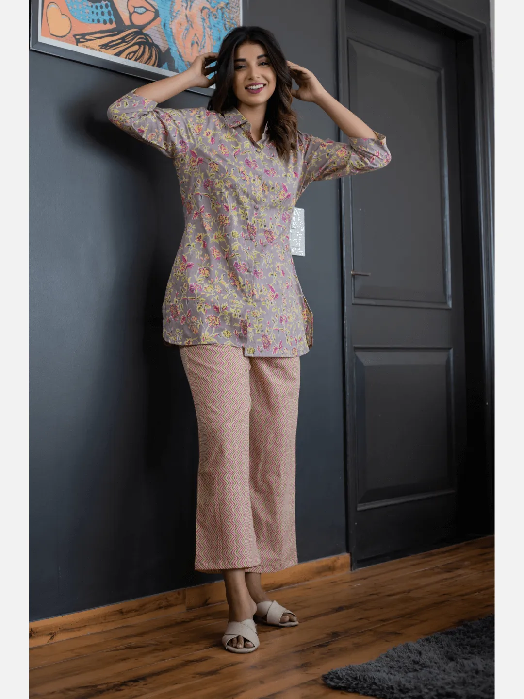 Pink Jaal Grey Collared Cotton Loungewear
