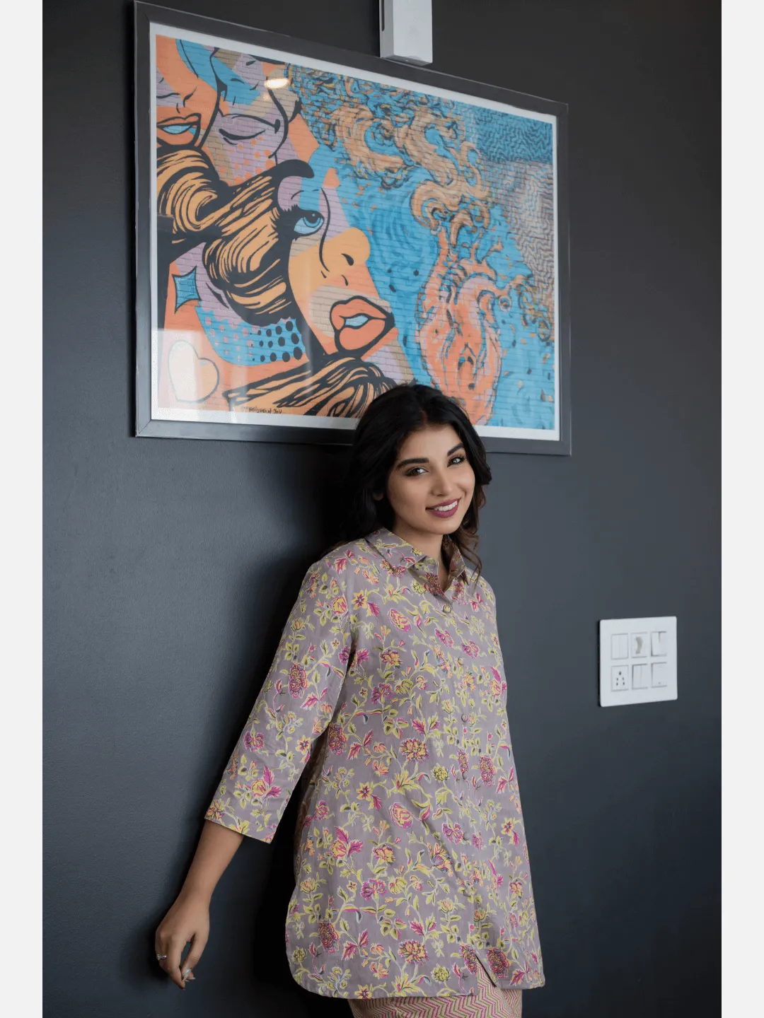 Pink Jaal Grey Collared Cotton Loungewear