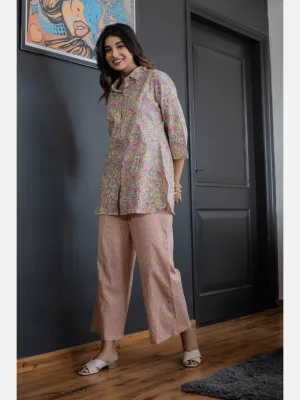 Pink Jaal Grey Collared Cotton Loungewear