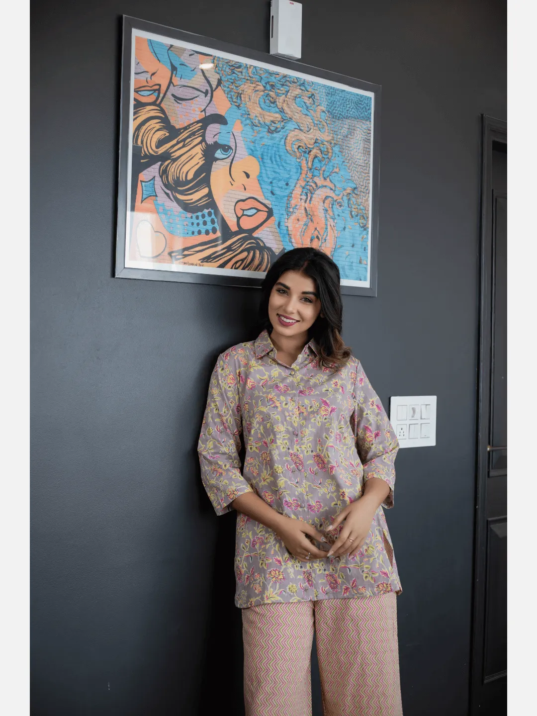 Pink Jaal Grey Collared Cotton Loungewear