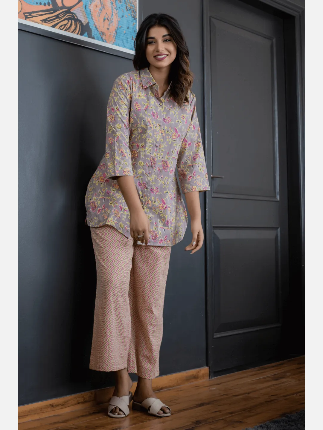Pink Jaal Grey Collared Cotton Loungewear