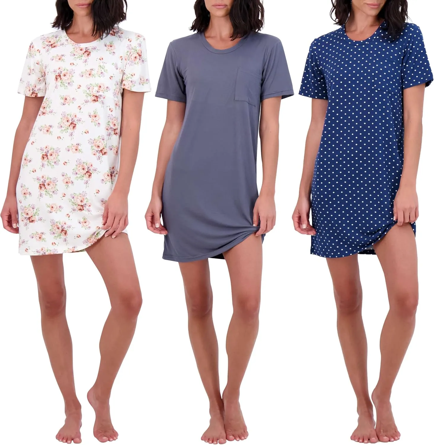 Real Essentials 3 Pack: Women's Printed Nightshirt Short Sleeve Ultra-Soft Nightgown Sleep Dress (Available In Plus Size)