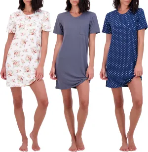 Real Essentials 3 Pack: Women's Printed Nightshirt Short Sleeve Ultra-Soft Nightgown Sleep Dress (Available In Plus Size)