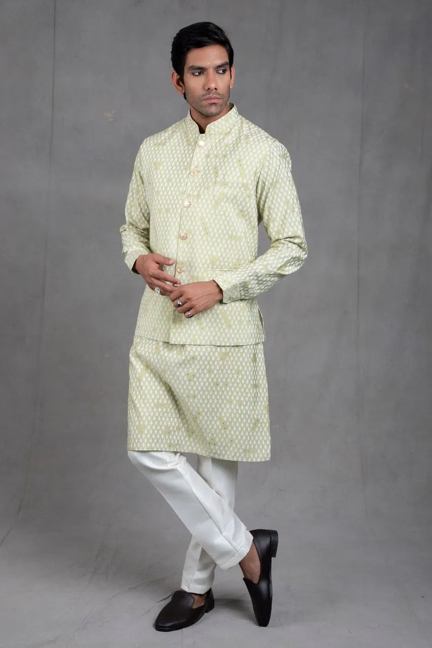 Sage Green Print On Print Kurta-Jacket Set