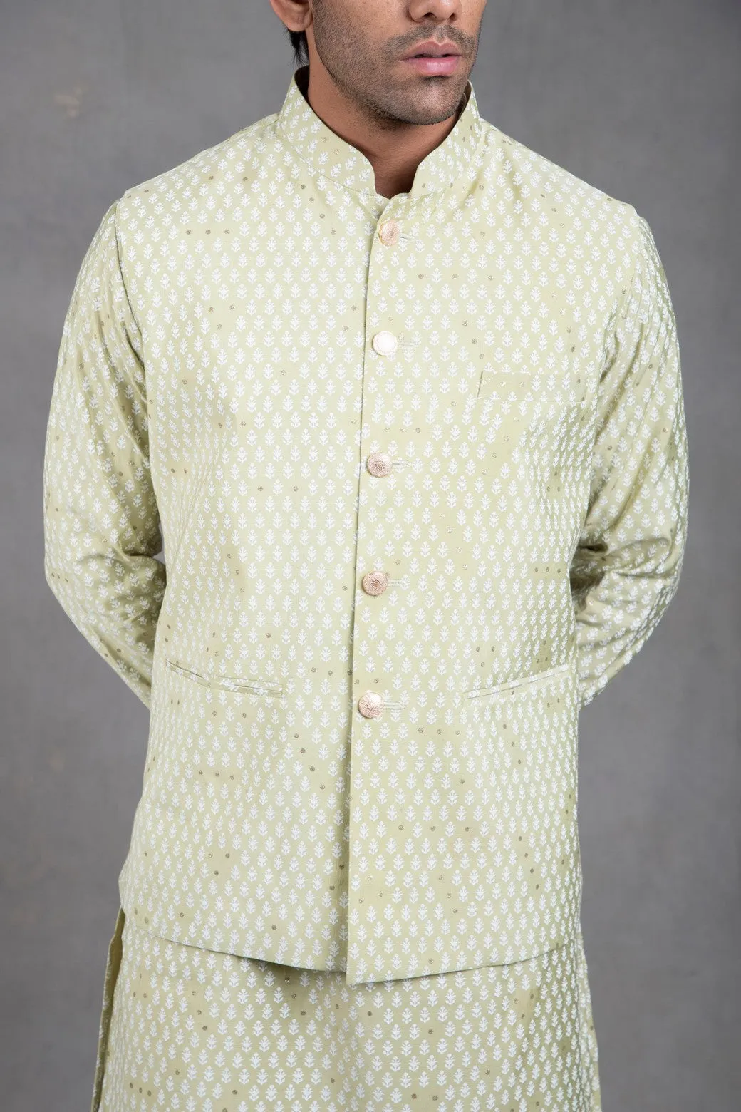 Sage Green Print On Print Kurta-Jacket Set