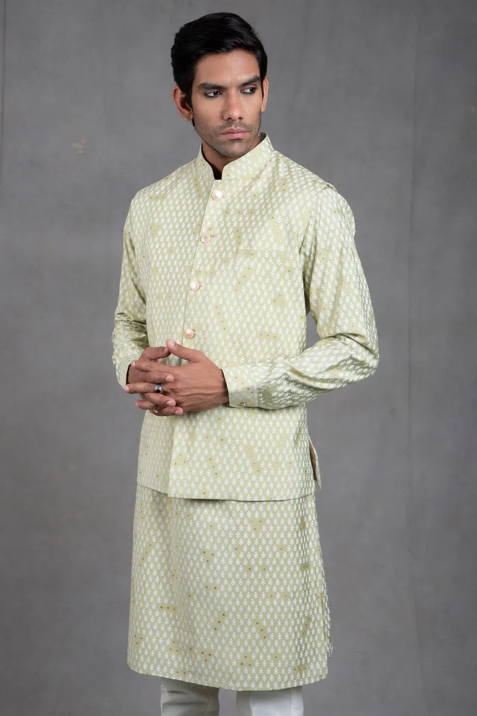Sage Green Print On Print Kurta-Jacket Set