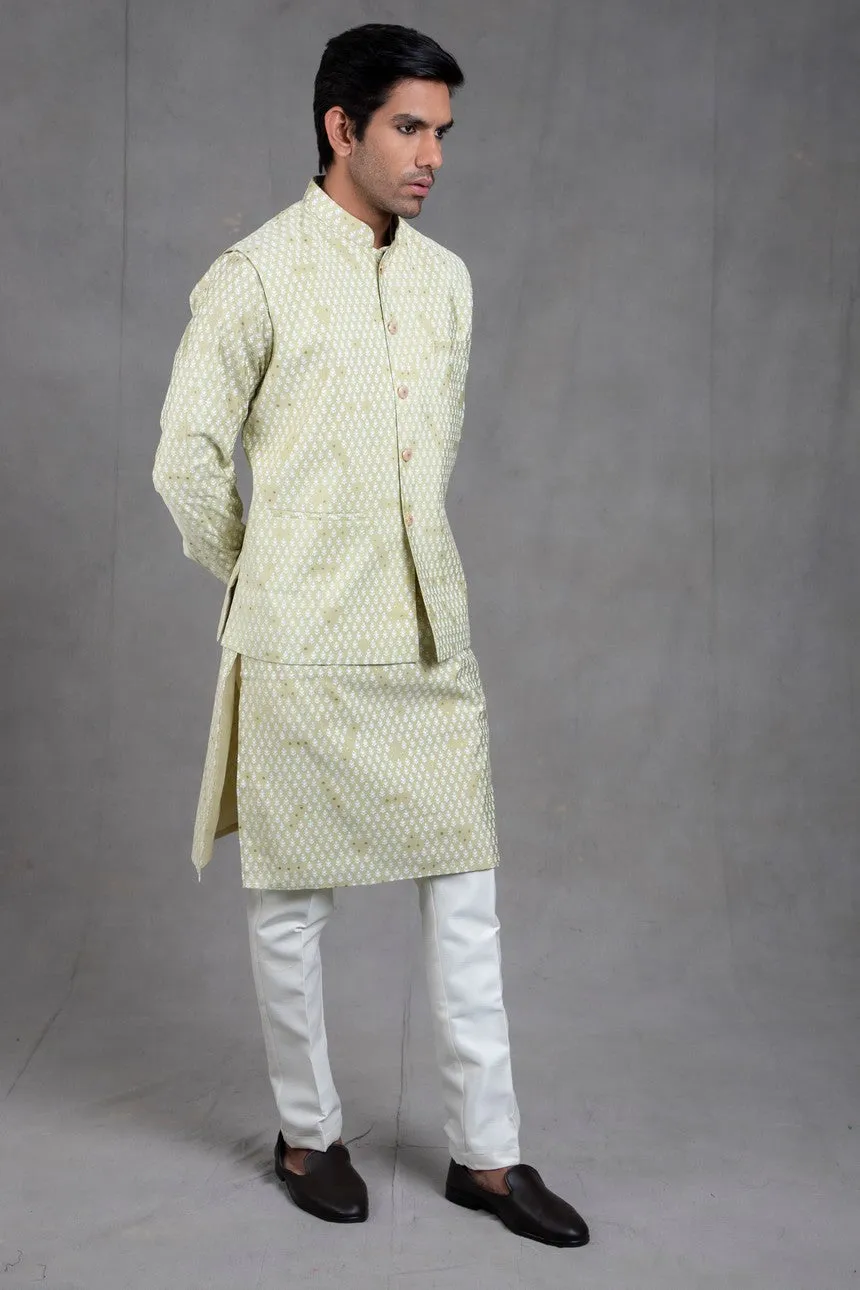 Sage Green Print On Print Kurta-Jacket Set