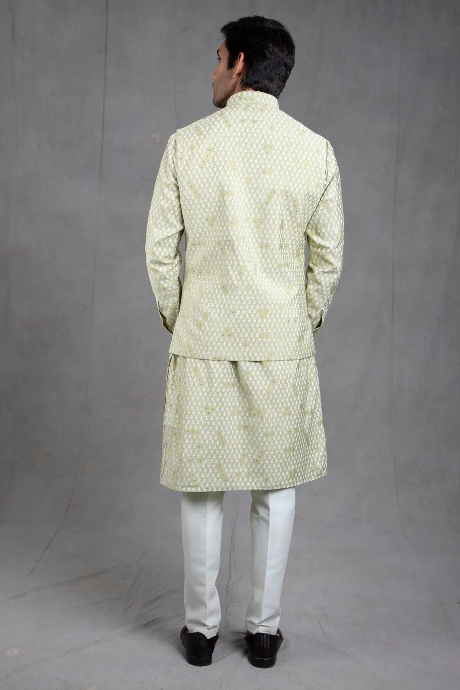 Sage Green Print On Print Kurta-Jacket Set