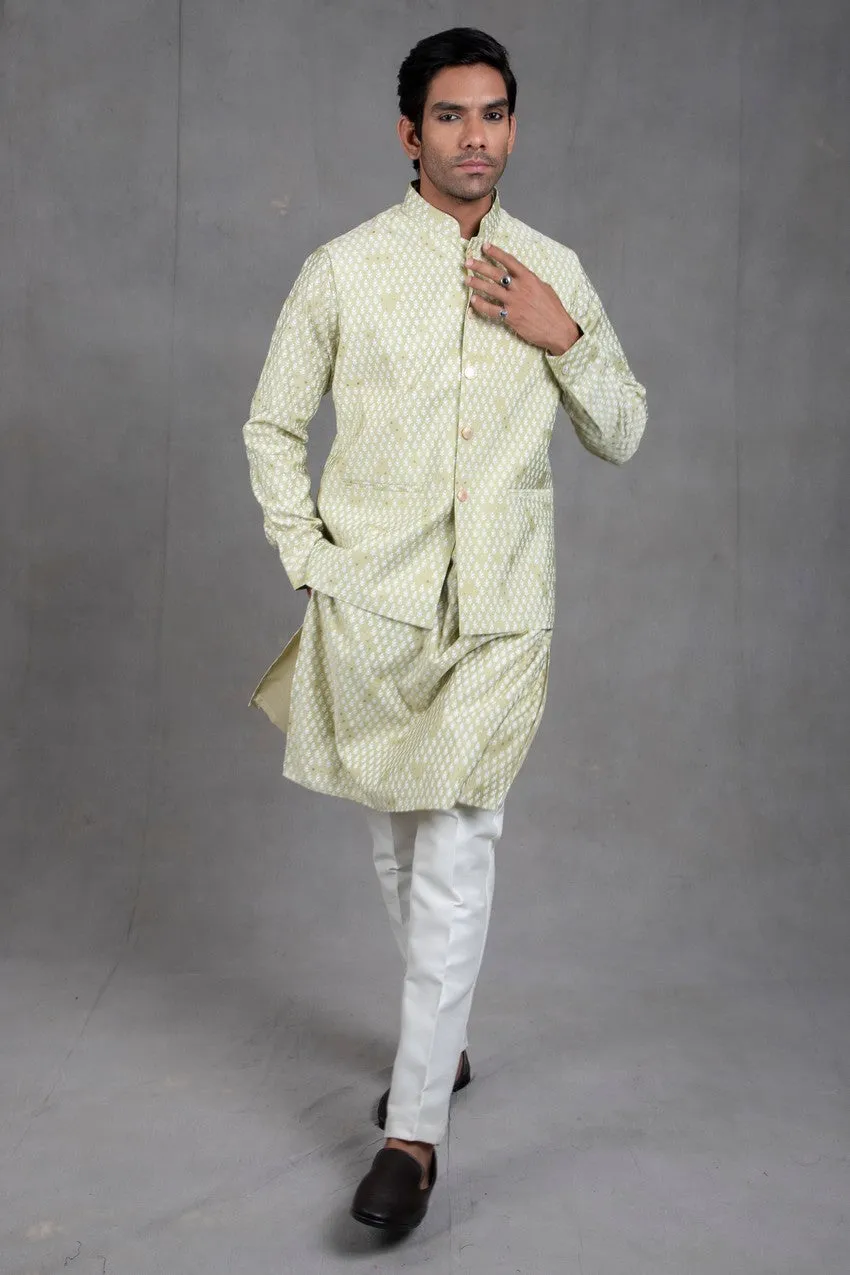 Sage Green Print On Print Kurta-Jacket Set