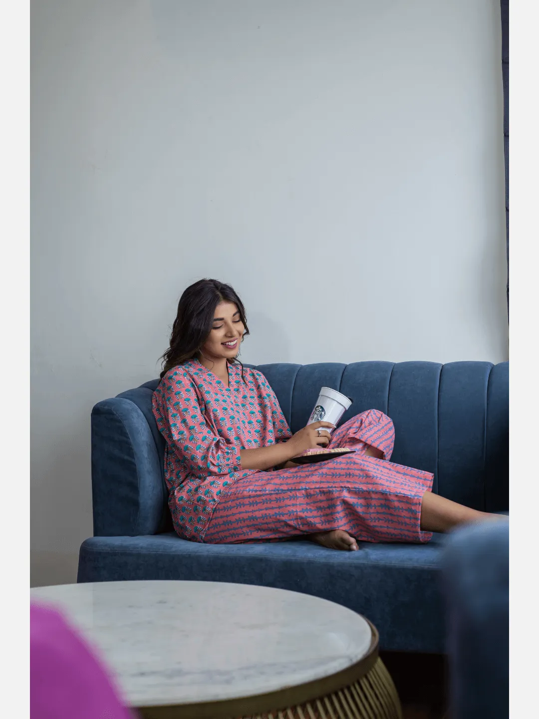 Smooth Pink back pleated Cotton Loungewear