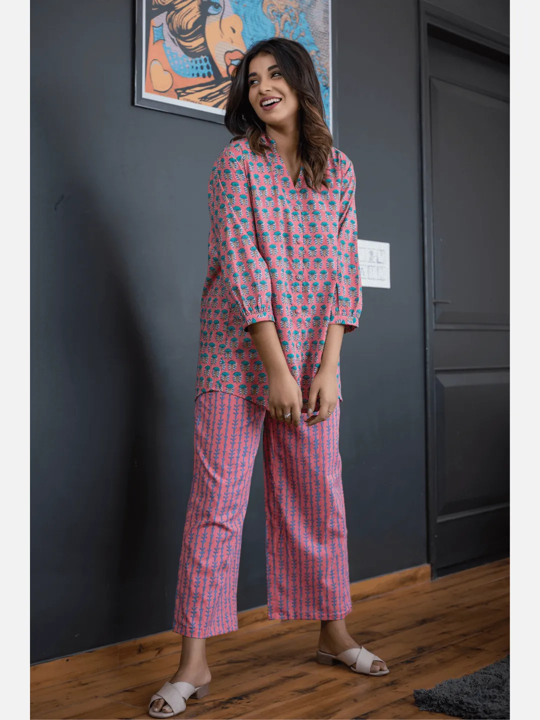 Smooth Pink back pleated Cotton Loungewear