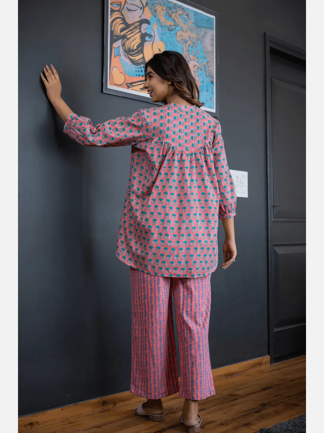 Smooth Pink back pleated Cotton Loungewear