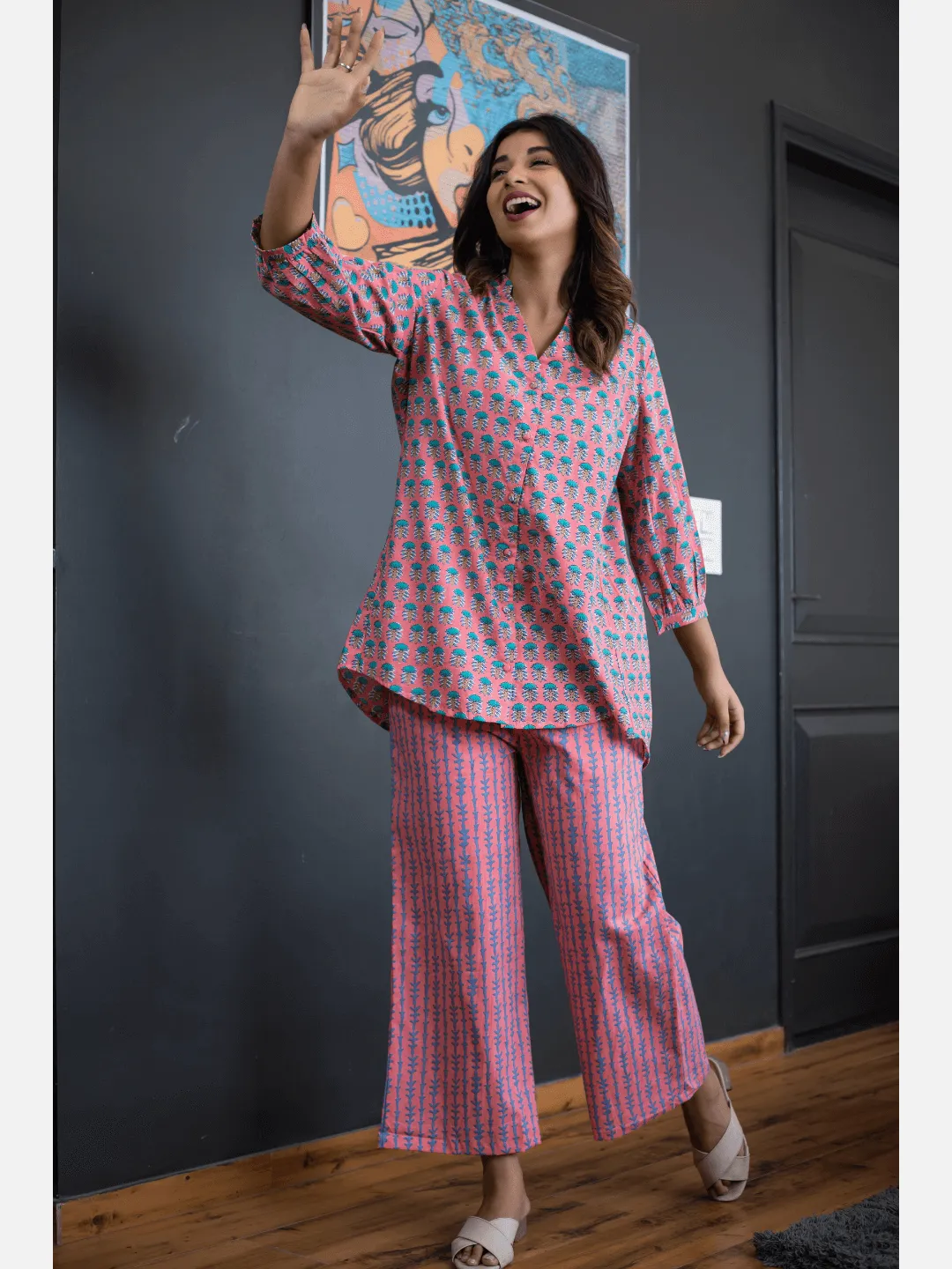 Smooth Pink back pleated Cotton Loungewear