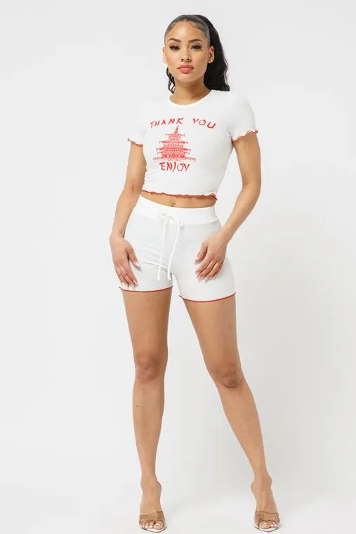 Wholesale Merrow Stitch Top Short Set - White/Red