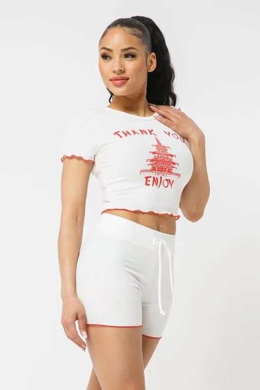 Wholesale Merrow Stitch Top Short Set - White/Red