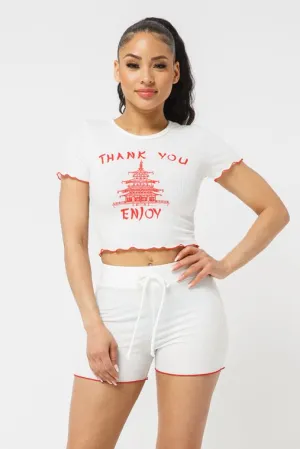 Wholesale Merrow Stitch Top Short Set - White/Red
