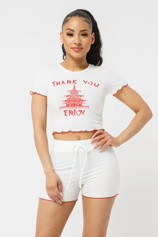 Wholesale Merrow Stitch Top Short Set - White/Red