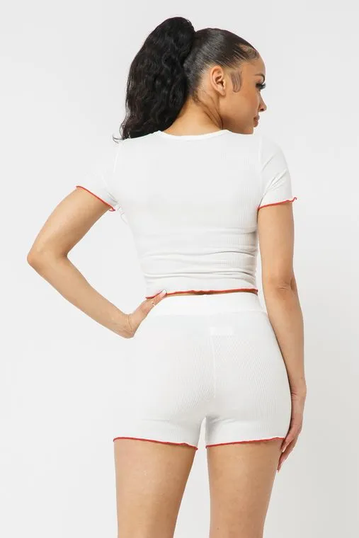 Wholesale Merrow Stitch Top Short Set - White/Red